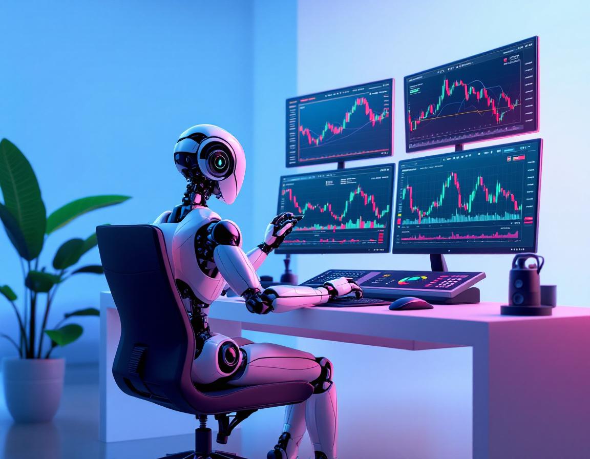 A hyper-realistic AI trading bot at a futuristic workstation analyzing crypto and stock market data.