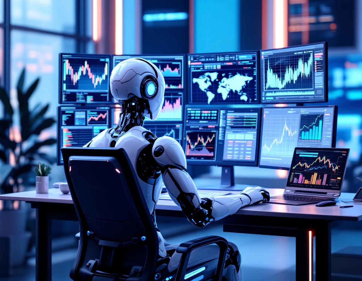 A hyper-realistic AI trading bot at a sleek workstation analyzing market data on multiple screens.