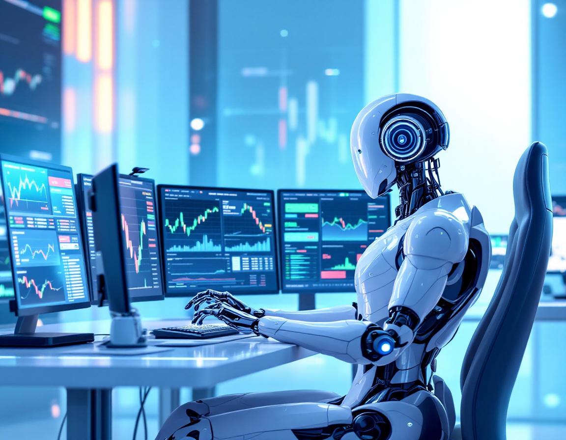 A sleek, humanoid AI trading bot analyzes markets at a futuristic workstation with glowing screens.