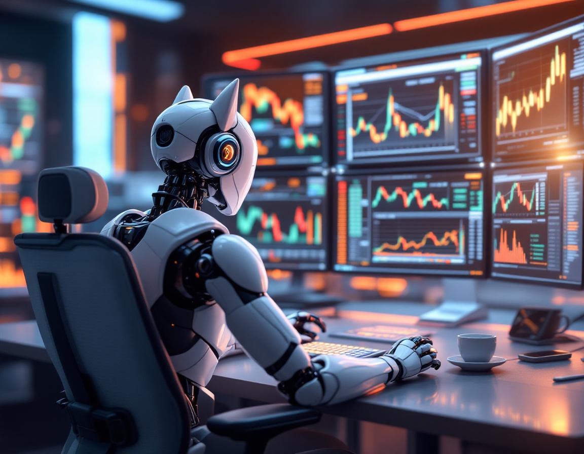 A humanoid AI trading bot analyzes market data at a high-tech workstation with multiple screens.