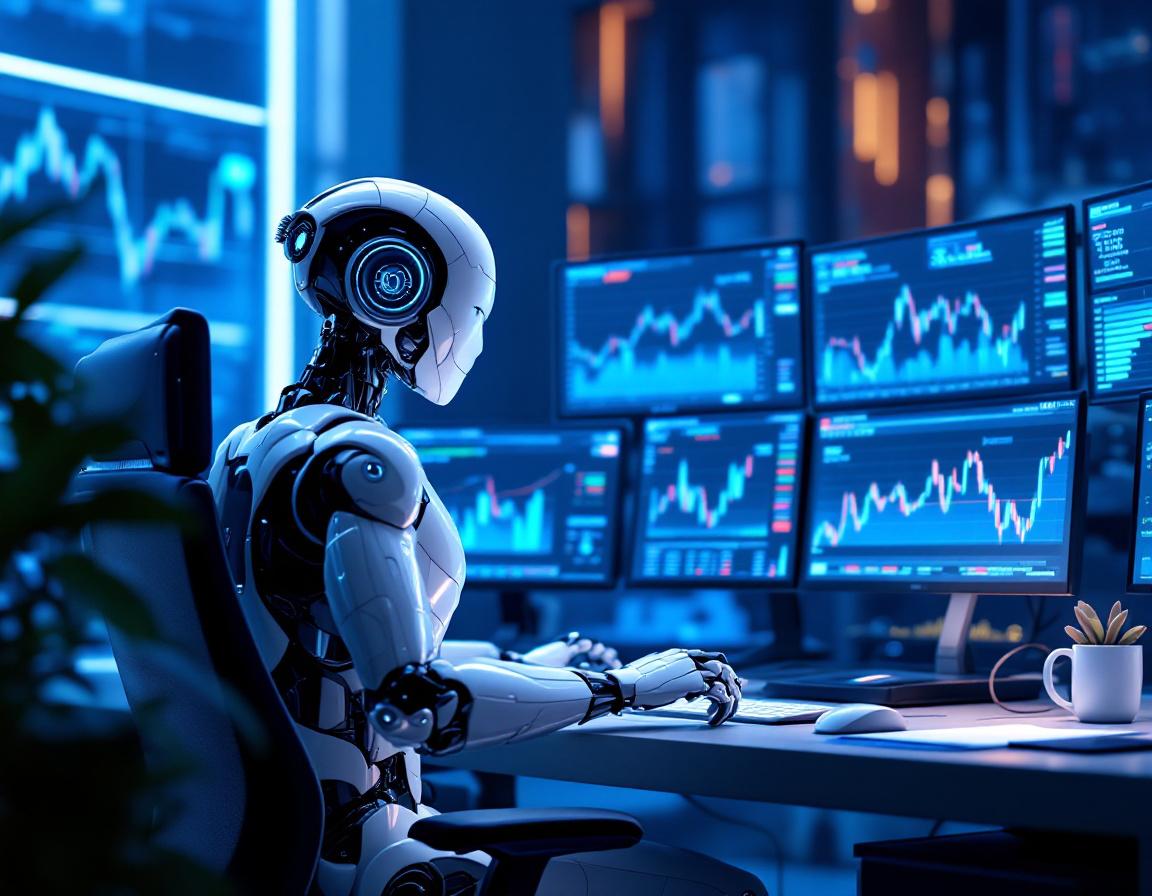 A hyper-realistic 3D AI trading bot at a workstation analyzing market data amid futuristic screens.