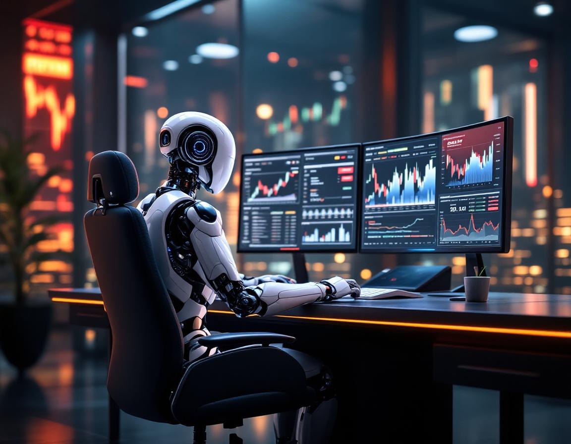 A humanoid AI trading bot analyzes market data at a sleek workstation with multiple glowing screens.