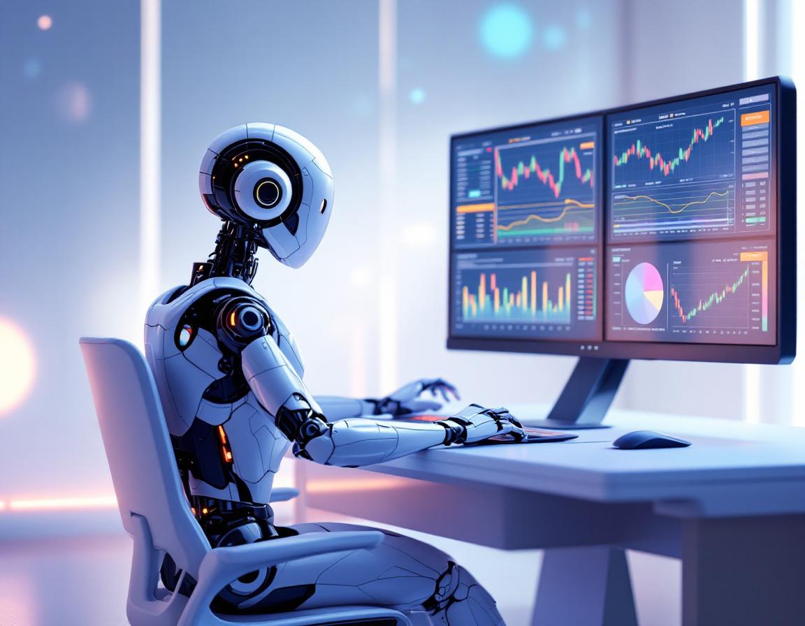 A humanoid AI trading bot seated at a workstation, analyzing market data on multiple screens.