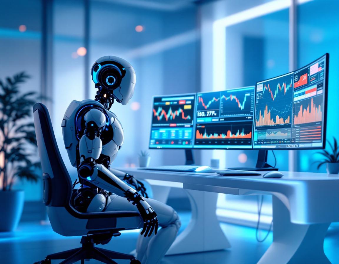 A humanoid AI trading bot analyzes market data at a high-tech workstation surrounded by screens.