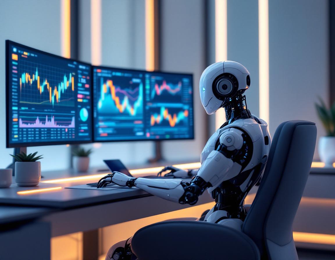 A hyper-realistic AI trading bot at a high-tech workstation, analyzing stock and crypto market data.