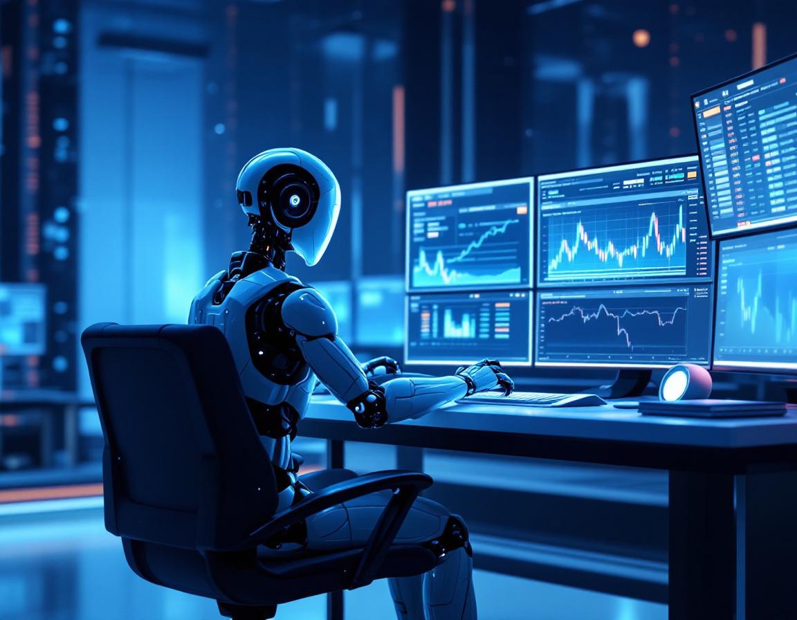 A humanoid AI trading bot analyzes market data at a high-tech workstation with multiple screens.