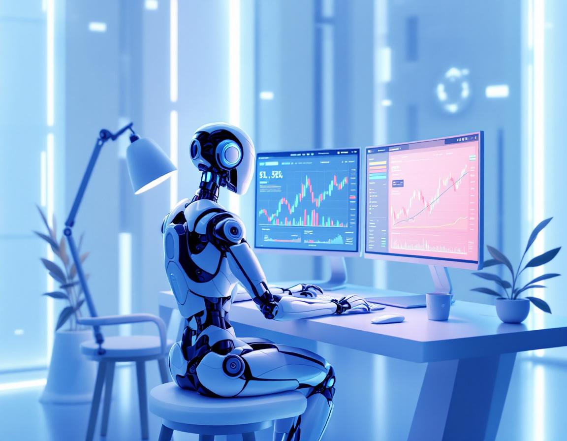 A hyper-realistic AI trading bot at a futuristic workstation analyzing stock and crypto market data.