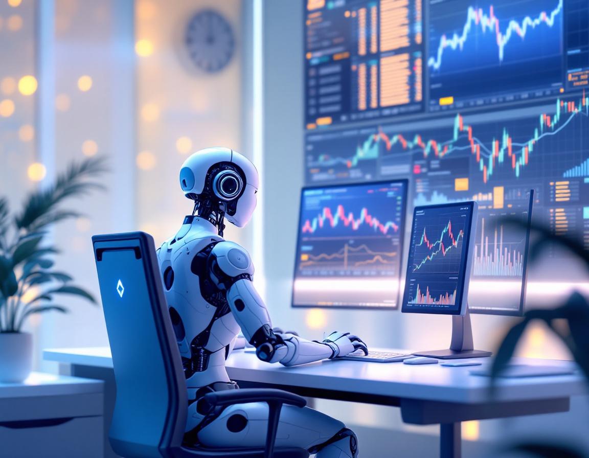 Hyper-realistic AI trading bot at high-tech workstation analyzing market data on multiple screens.