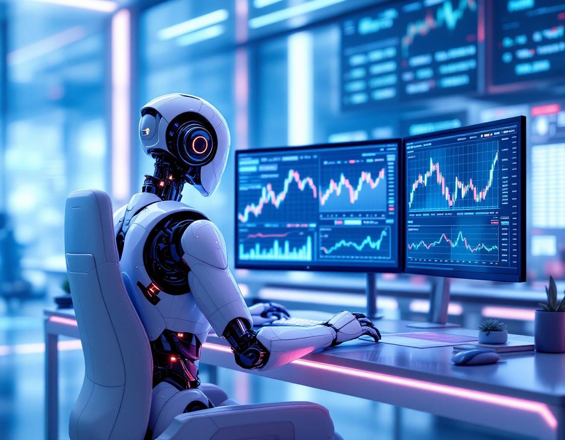 A humanoid AI trading bot analyzes market data at a high-tech workstation with glowing screens.