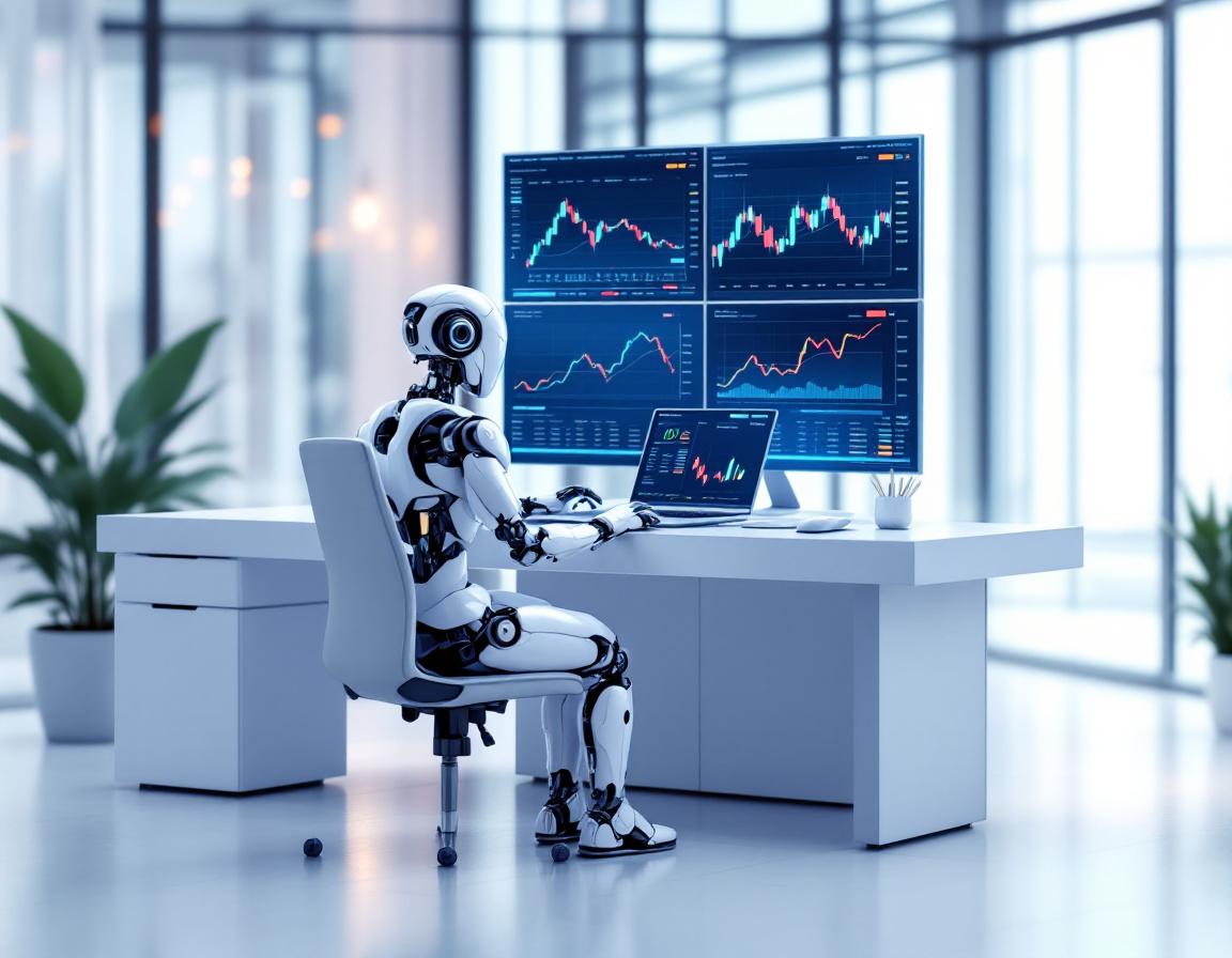 A humanoid AI trading bot at a high-tech workstation analyzes market data across multiple screens.