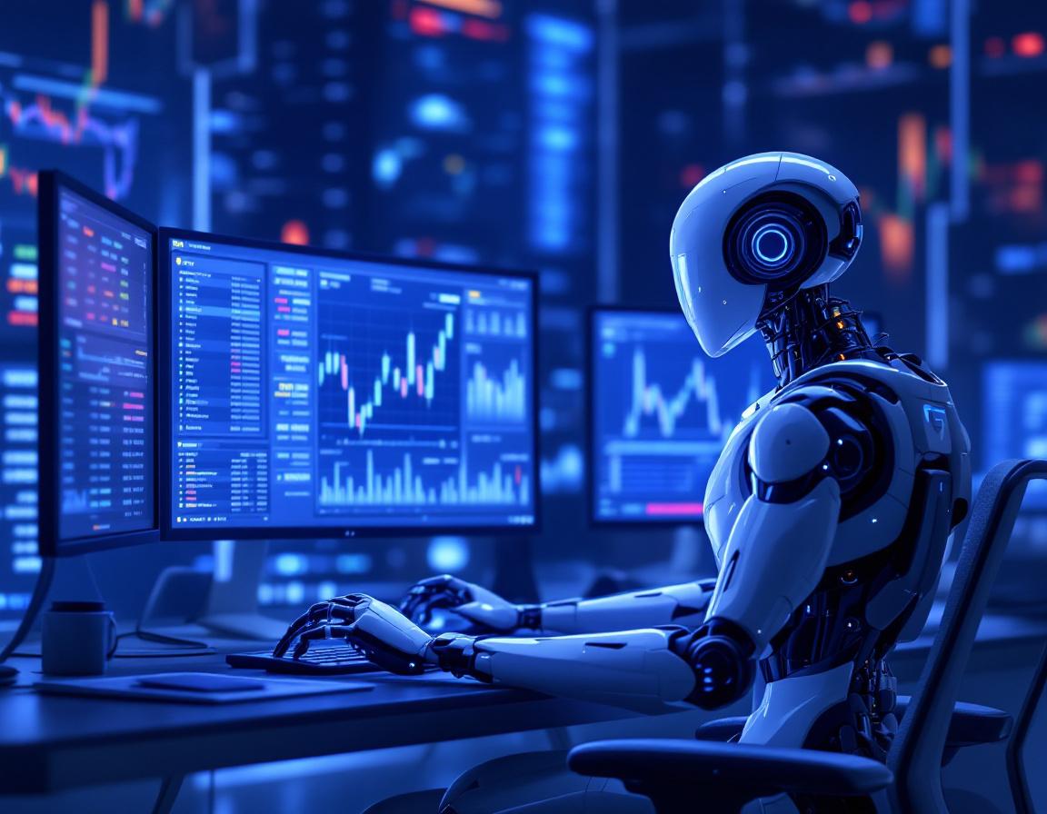 A humanoid AI trading bot at a high-tech workstation analyzing market trends on multiple screens.