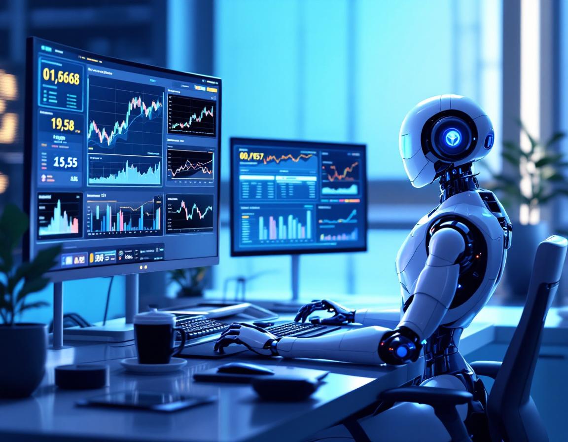 A hyper-realistic AI trading bot works at a futuristic workstation analyzing stock and crypto data.