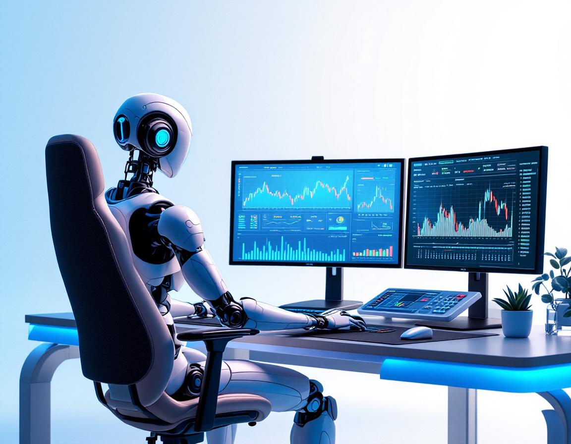 A humanoid AI trading bot at a high-tech workstation, analyzing market data on multiple screens.