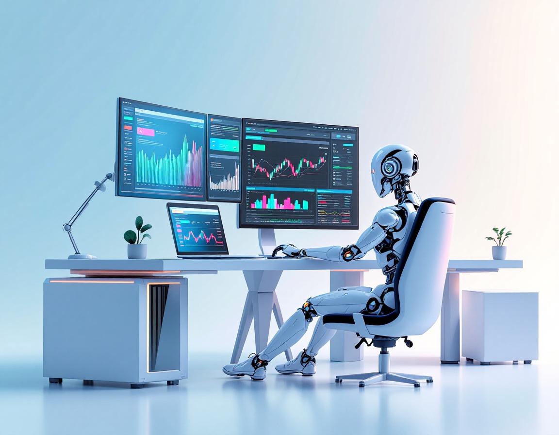 A hyper-realistic AI trading bot seated at a workstation, analyzing market data on multiple screens.