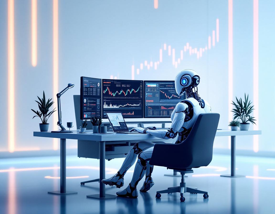 A futuristic AI trading bot analyzes market data at a high-tech workstation with glowing screens.