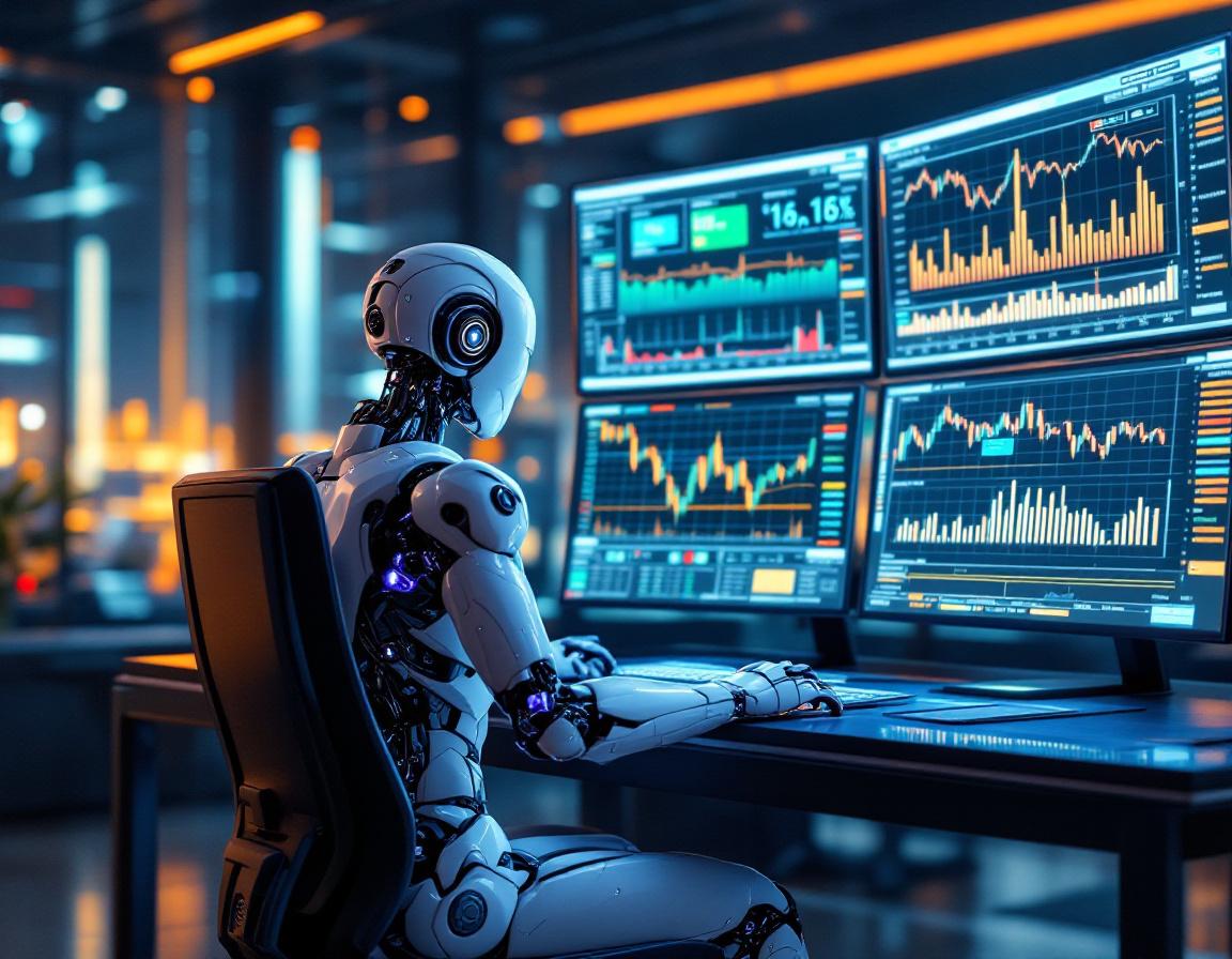 A hyper-realistic AI trading bot at a workstation analyzing data on screens in a futuristic setting.