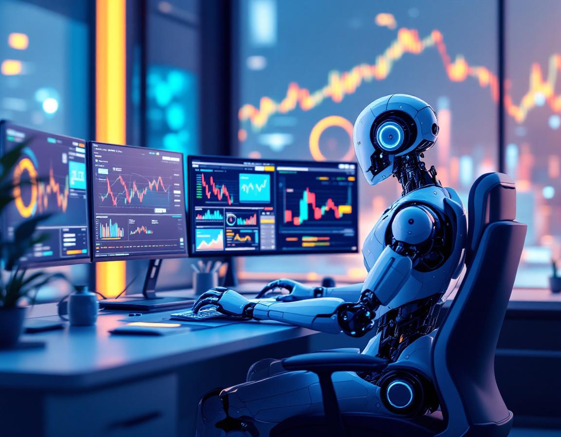 A humanoid AI trading bot analyzes market data at a high-tech workstation in a futuristic setting.
