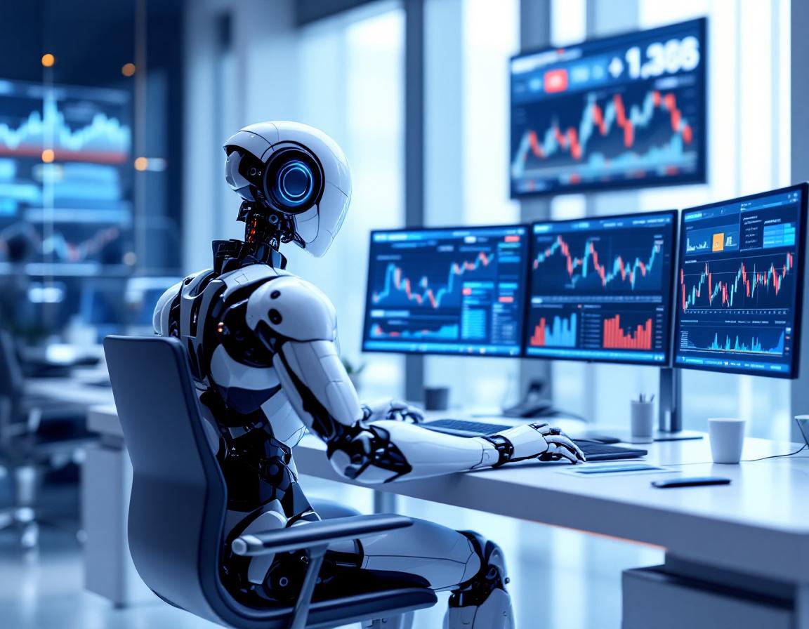 A humanoid AI trading bot analyzes market data at a high-tech workstation with multiple screens.