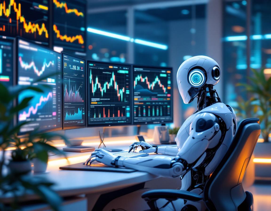 A hyper-realistic AI trading bot analyzes market data at a high-tech workstation with soft lighting.