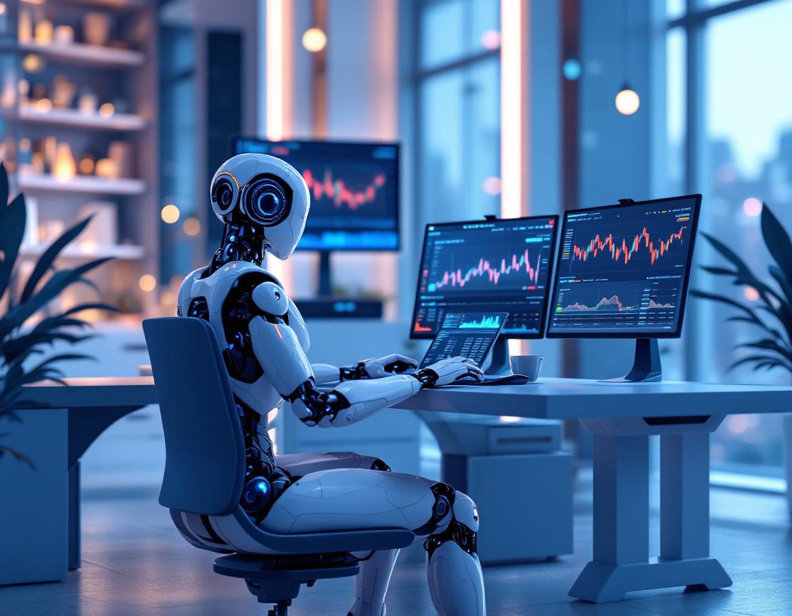 A hyper-realistic AI trading bot at a workstation, analyzing market data on multiple screens.