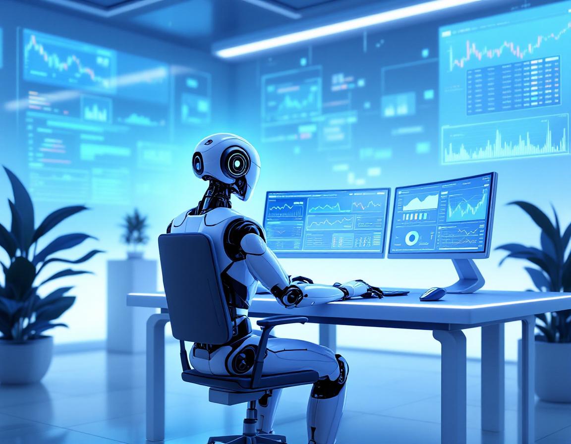 A sleek, humanoid AI trading bot at a high-tech workstation analyzing crypto and stock market data.