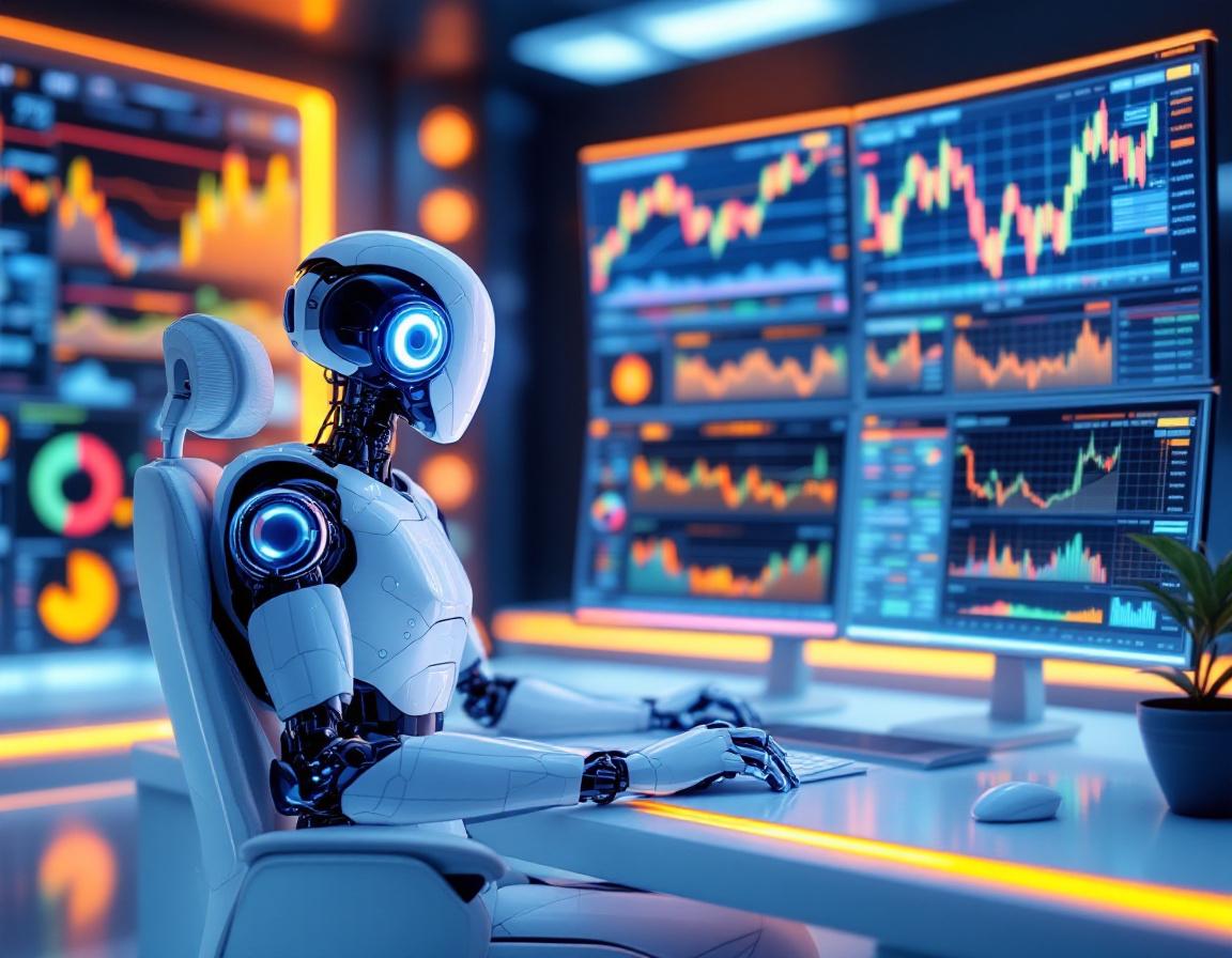A humanoid AI trading bot operates at a high-tech workstation, analyzing data on multiple screens.