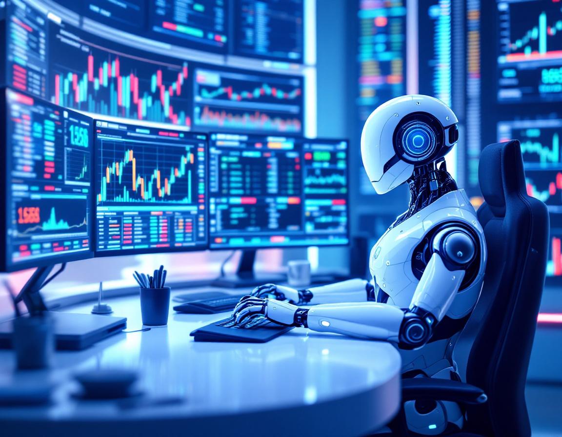 A humanoid AI trading bot analyzes market data at a high-tech workstation with glowing screens.