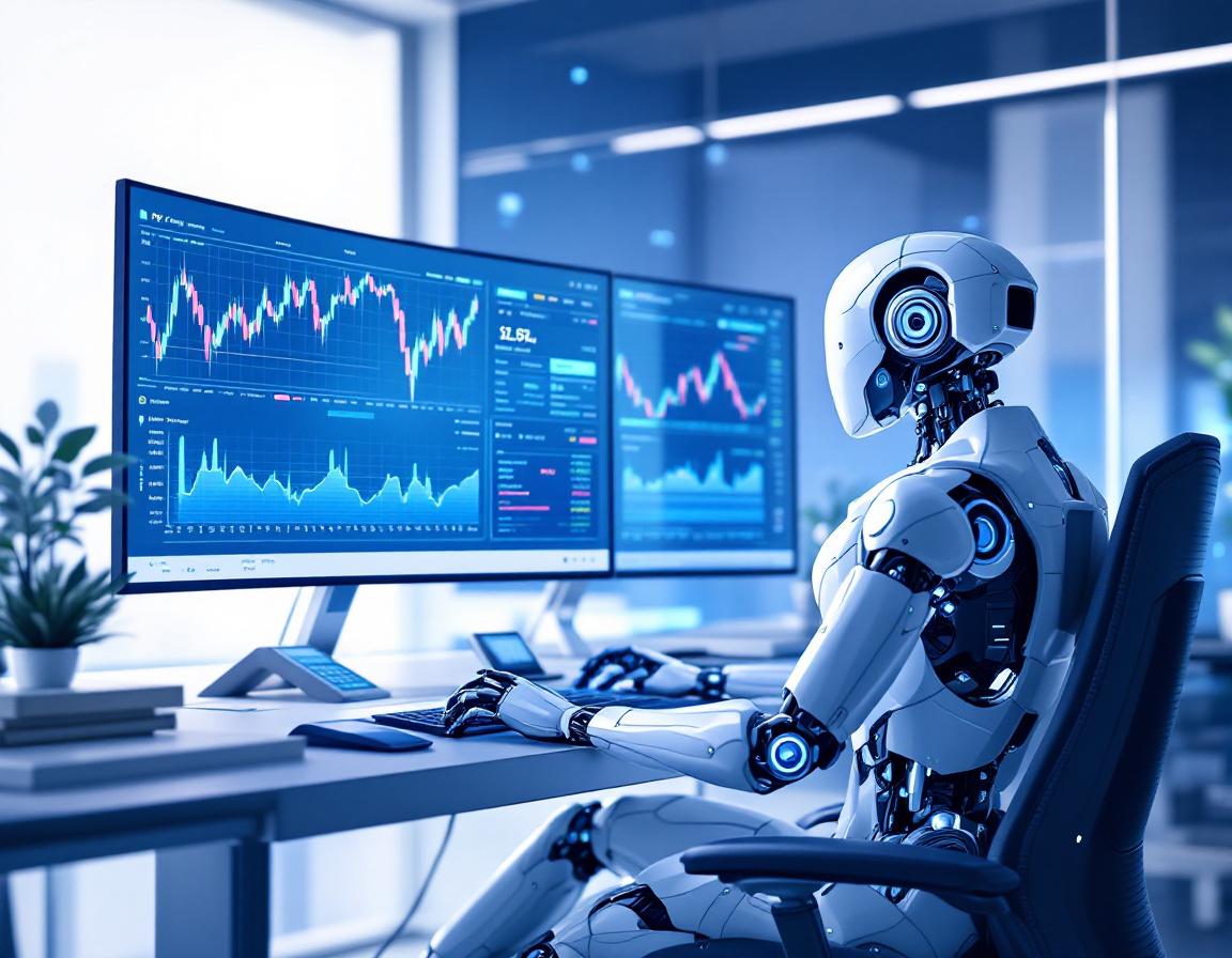 A hyper-realistic AI trading bot analyzes market data on multiple screens in a futuristic workspace.