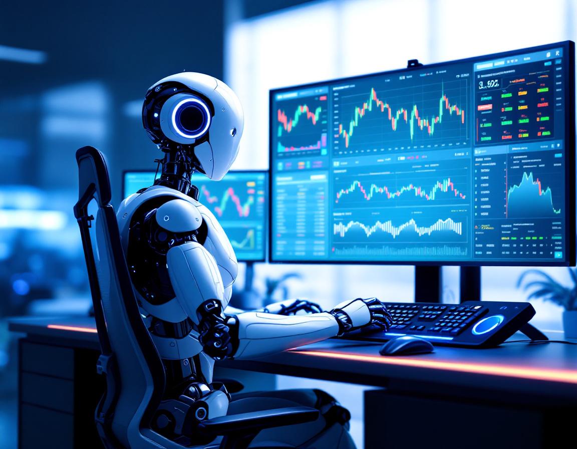 A hyper-realistic AI trading bot analyzes market data at a sleek workstation with multiple screens.