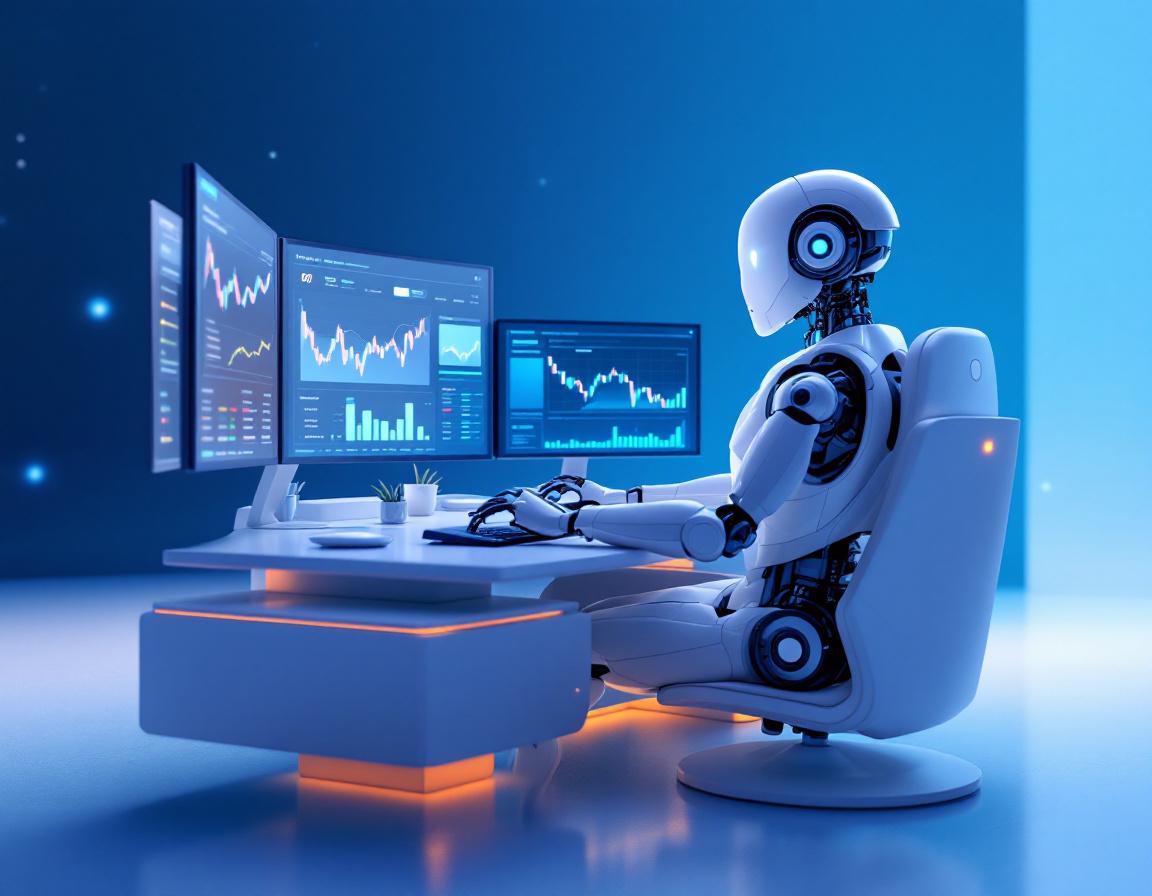 A humanoid AI trading bot analyzes market data at a high-tech workstation with glowing screens.