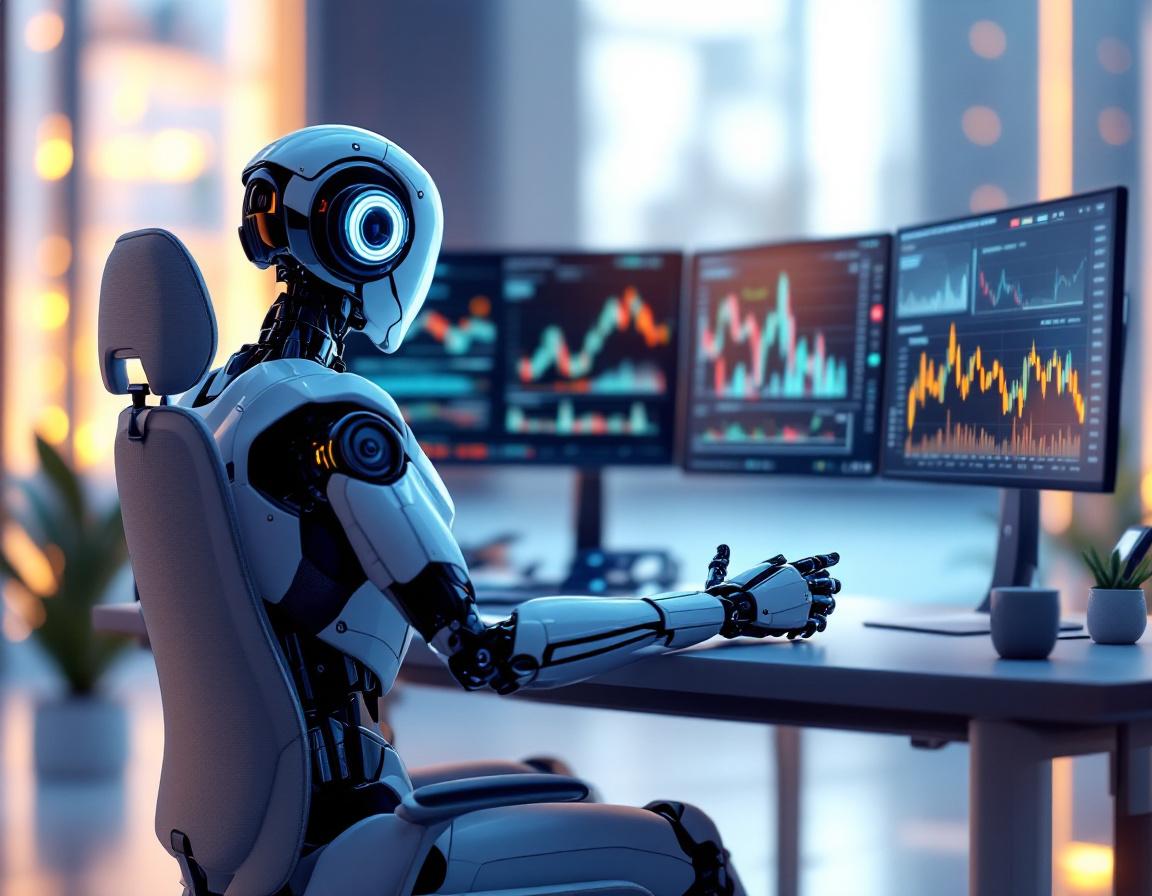 A hyper-realistic AI trading bot at a high-tech workstation analyzing stock and crypto market data.