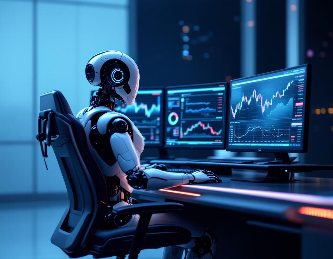 A hyper-realistic AI trading bot at a workstation analyzes market data on multiple screens in blue.