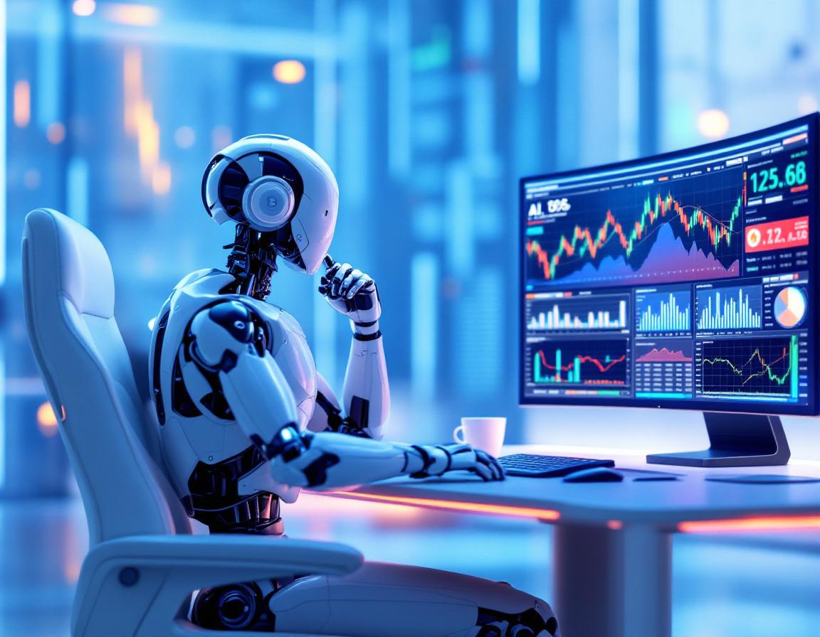 A hyper-realistic AI trading bot analyzes market data at a sleek workstation with multiple screens.