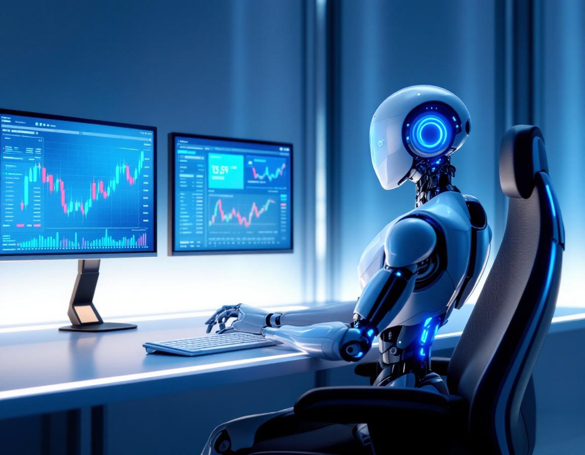 A hyper-realistic AI trading bot in a futuristic workspace analyzing stock and crypto market trends.