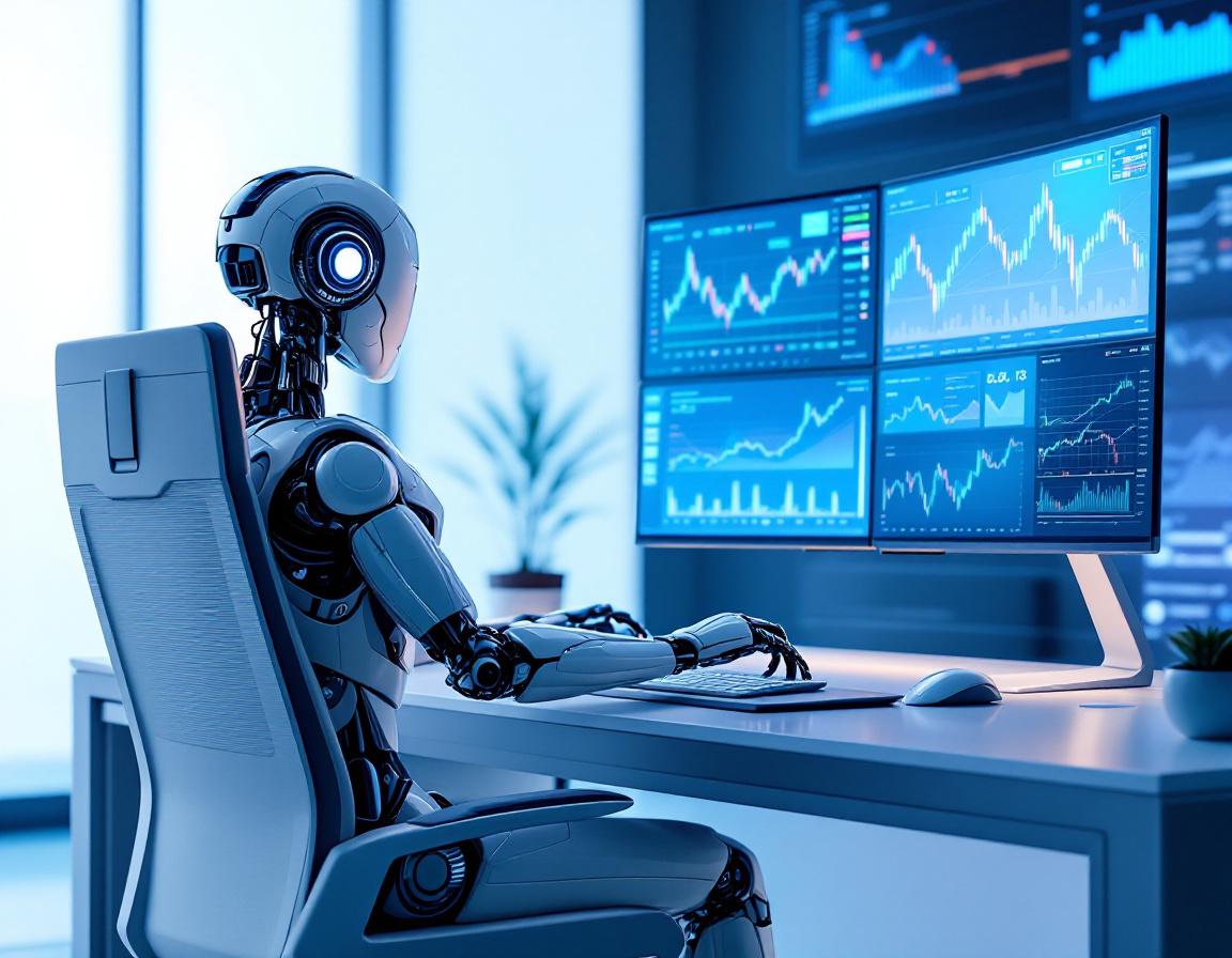 A humanoid AI trading bot analyzes market data at a high-tech workstation with multiple screens.