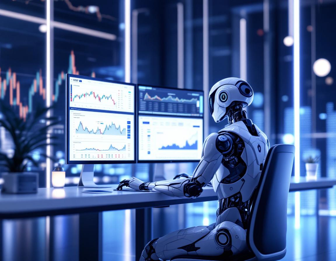 A humanoid AI trading bot analyzes market data at a high-tech workstation with multiple screens.