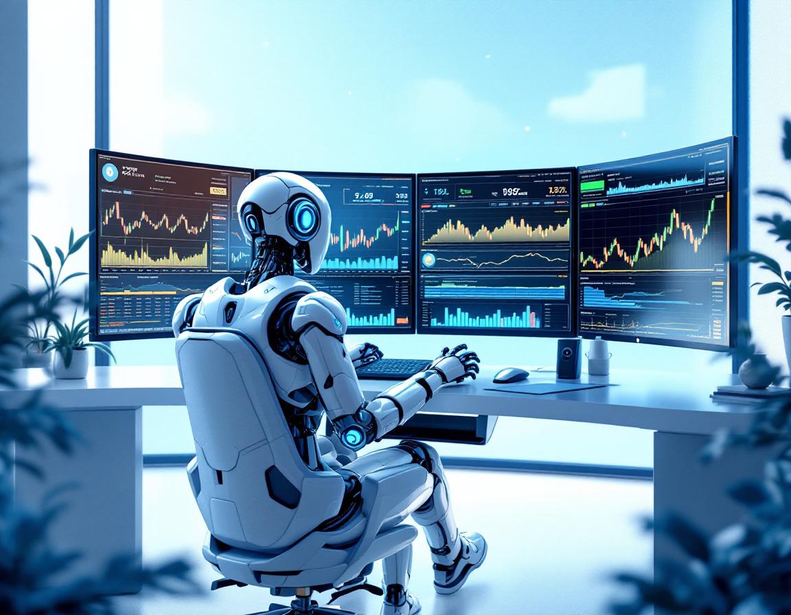 A hyper-realistic AI trading bot at a high-tech workstation, analyzing stock and crypto market data.