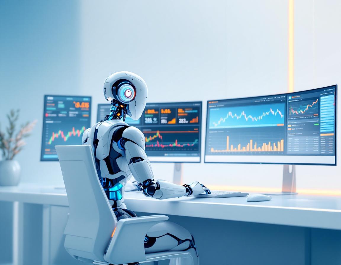 A humanoid AI trading bot at a high-tech workstation analyzing market data on multiple screens.