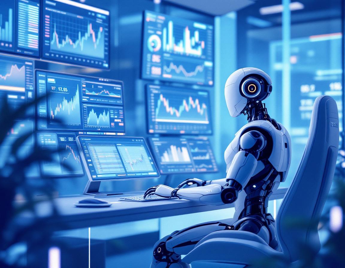 A humanoid AI trading bot analyzes market data at a high-tech workstation with multiple screens.