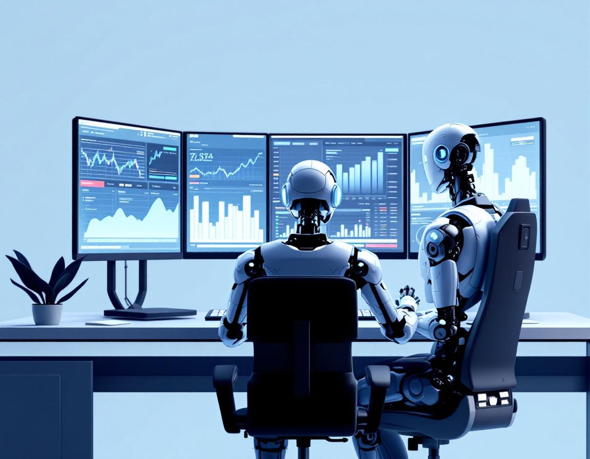 A humanoid AI trading bot at a high-tech workstation analyzing market data on multiple screens.