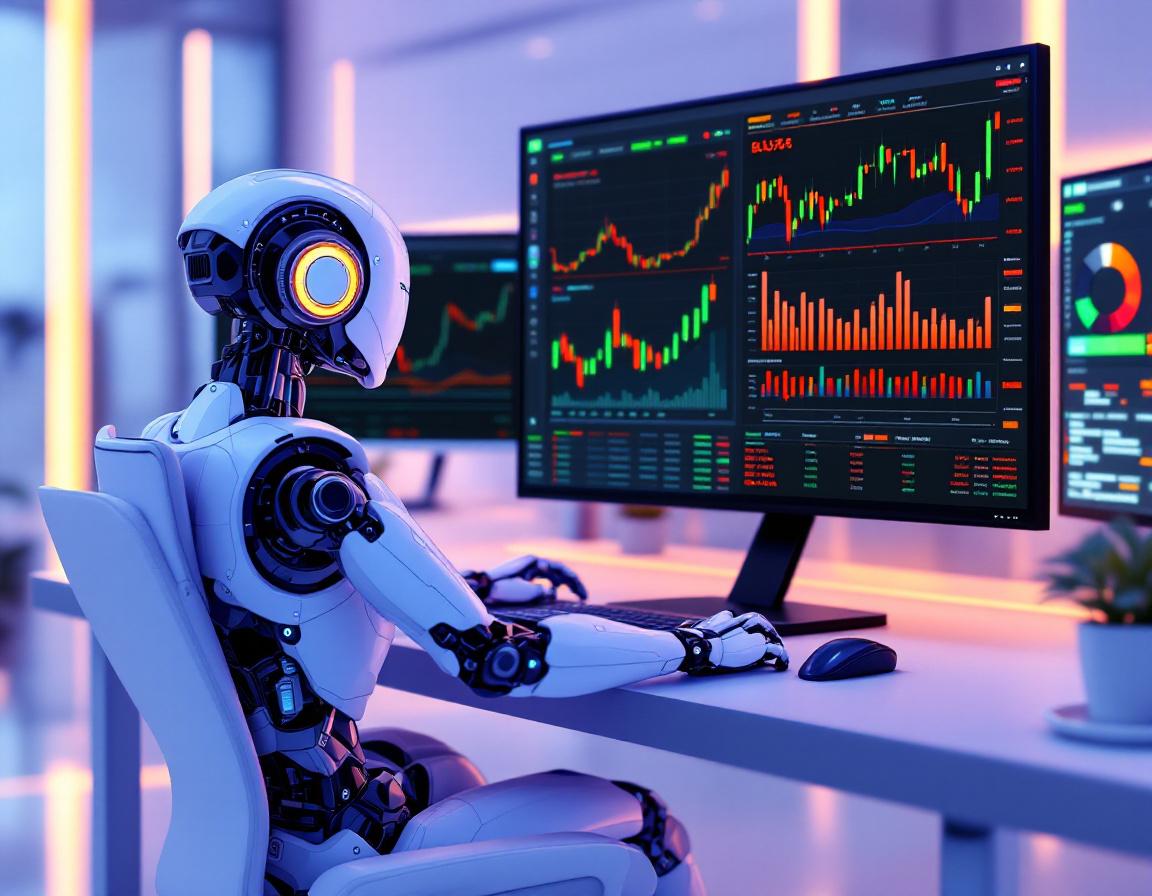 A hyper-realistic AI trading bot in a futuristic workspace analyzes data on multiple screens.