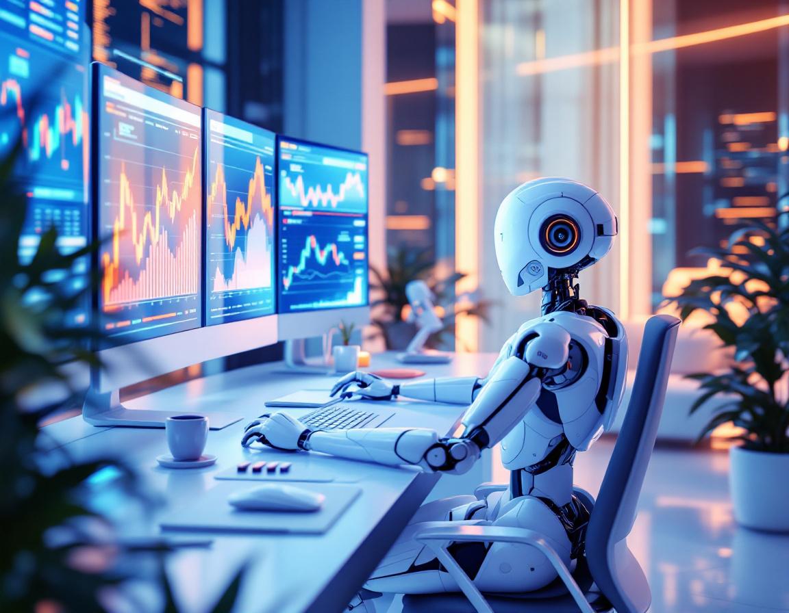 A hyper-realistic AI trading bot at a futuristic workstation analyzing stock and crypto market data.