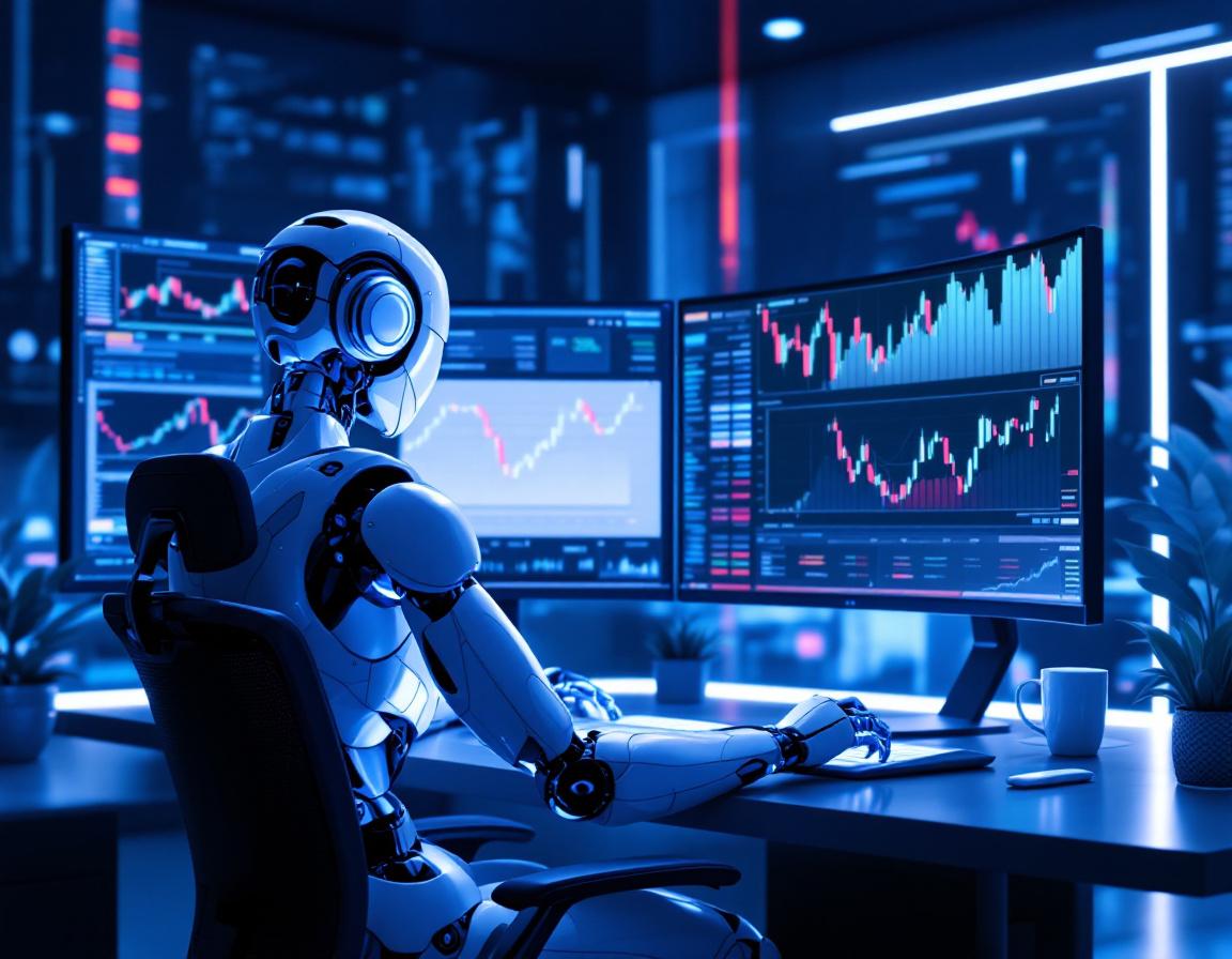 A hyper-realistic AI trading bot at a high-tech workstation analyzing stock and crypto market data.