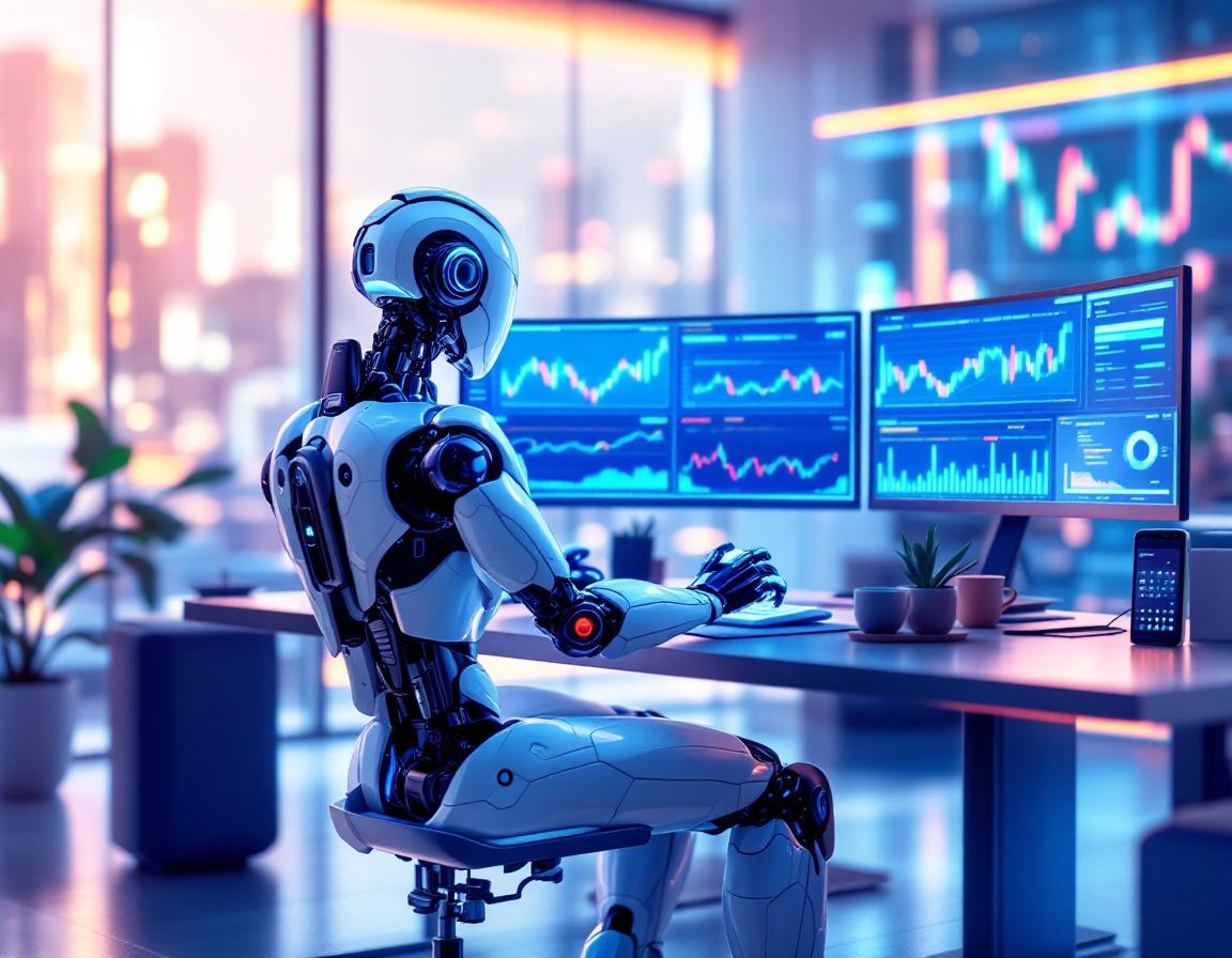 A hyper-realistic AI trading bot analyzes crypto market data on screens in a futuristic environment.