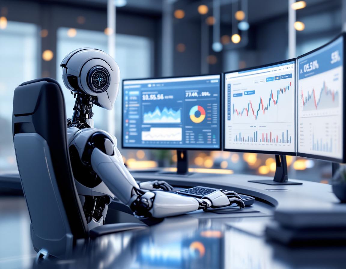 A sleek humanoid AI trading bot at a high-tech workstation analyzing stock and crypto market data.