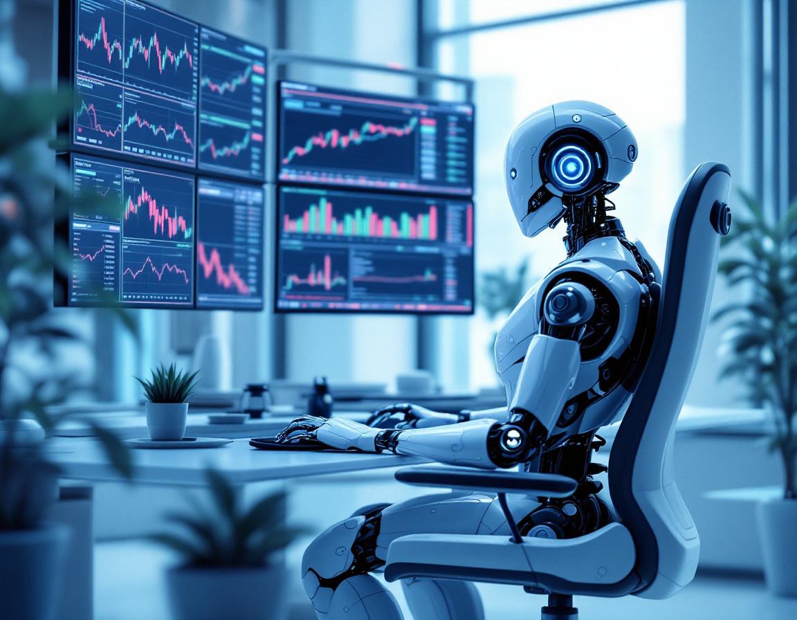 A hyper-realistic AI trading bot analyzes market data at a sleek workstation with multiple screens.