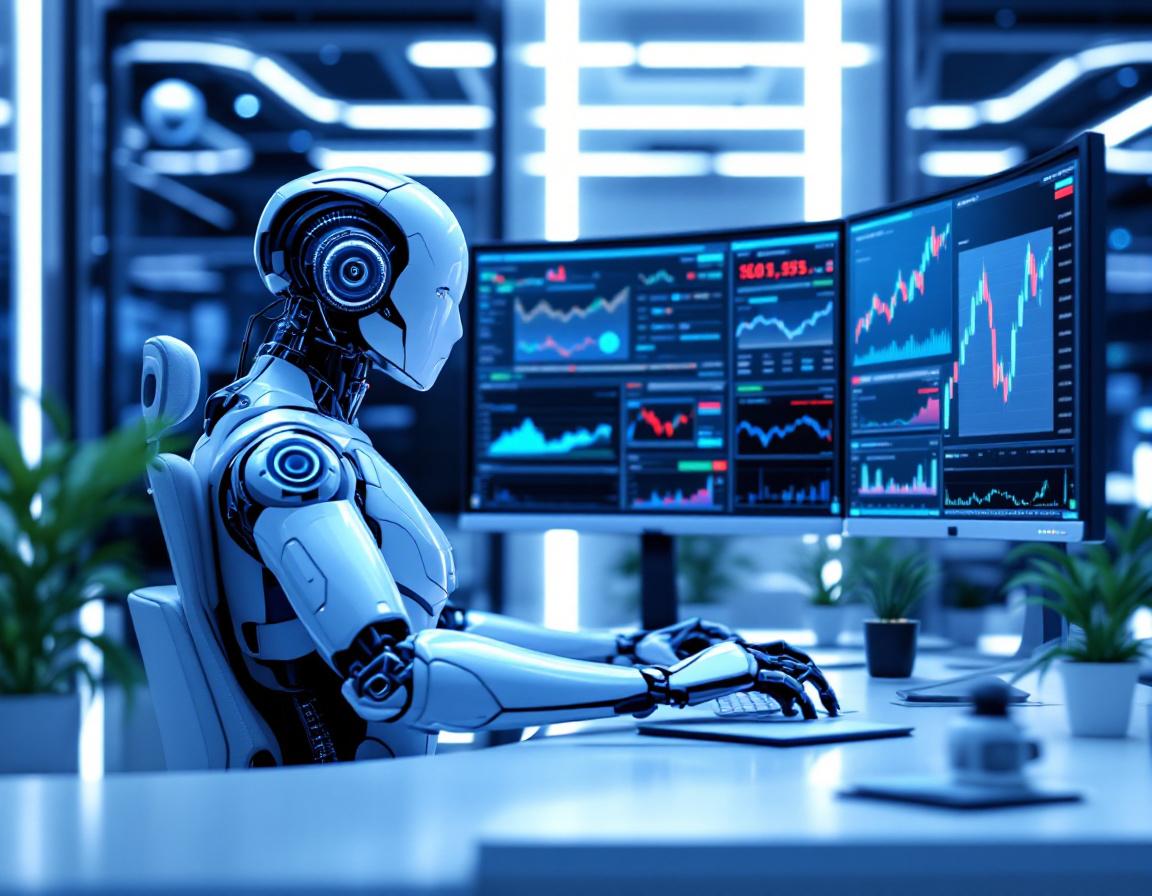 A humanoid AI trading bot at a high-tech workstation analyzing market data on multiple screens.
