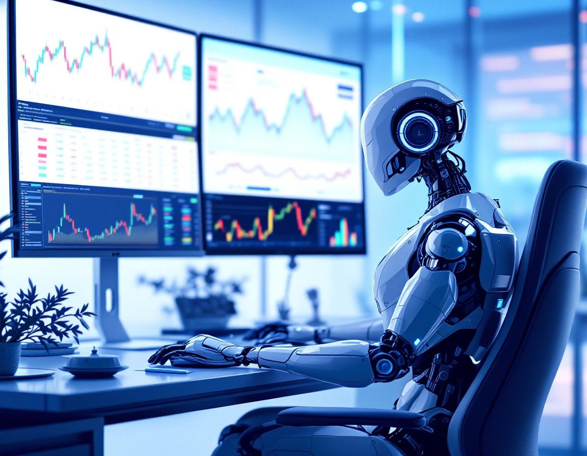 A hyper-realistic AI trading bot analyzes financial data on multiple screens in a futuristic setup.