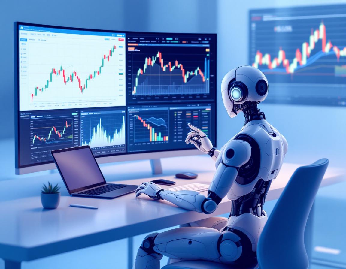 A sleek humanoid AI trading bot analyzes market data on multiple screens in a futuristic workspace.