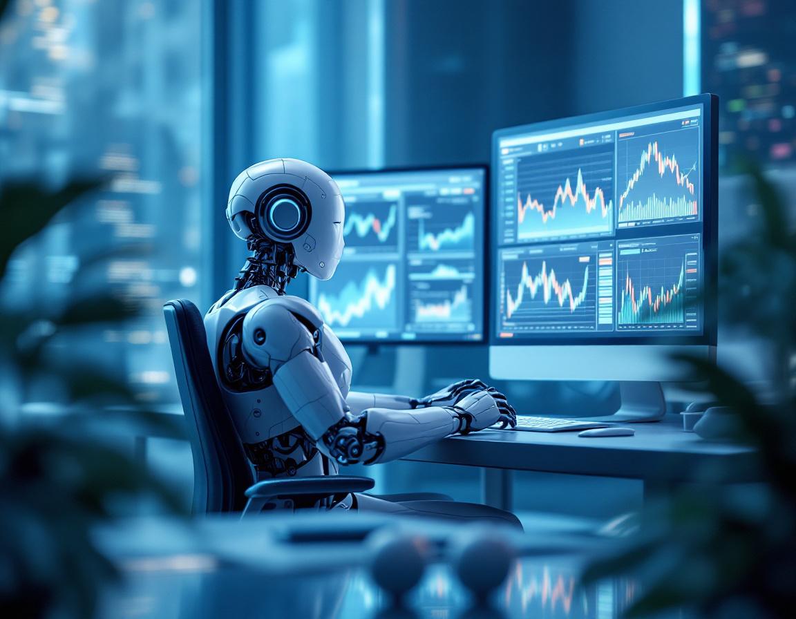 A hyper-realistic AI trading bot at a workstation analyzing market data on multiple screens.